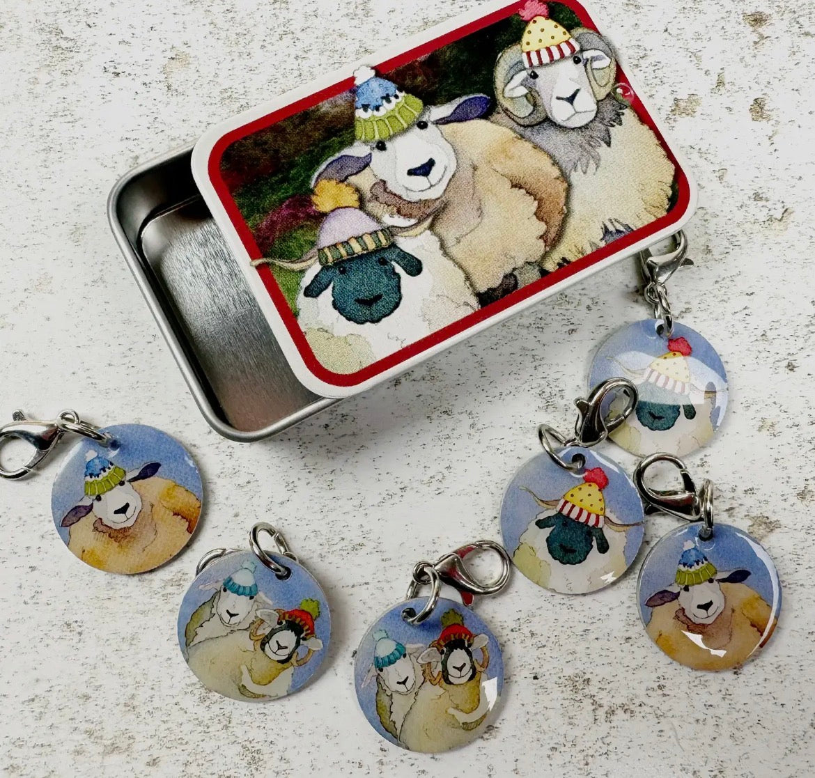Emma Ball Stitch Markers in a Decorative Tin