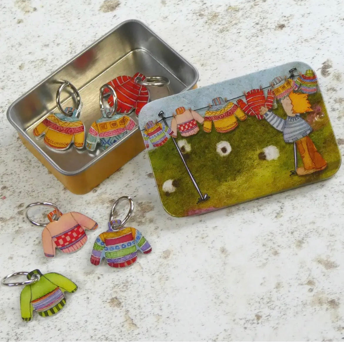 Emma Ball Stitch Markers in a Decorative Tin