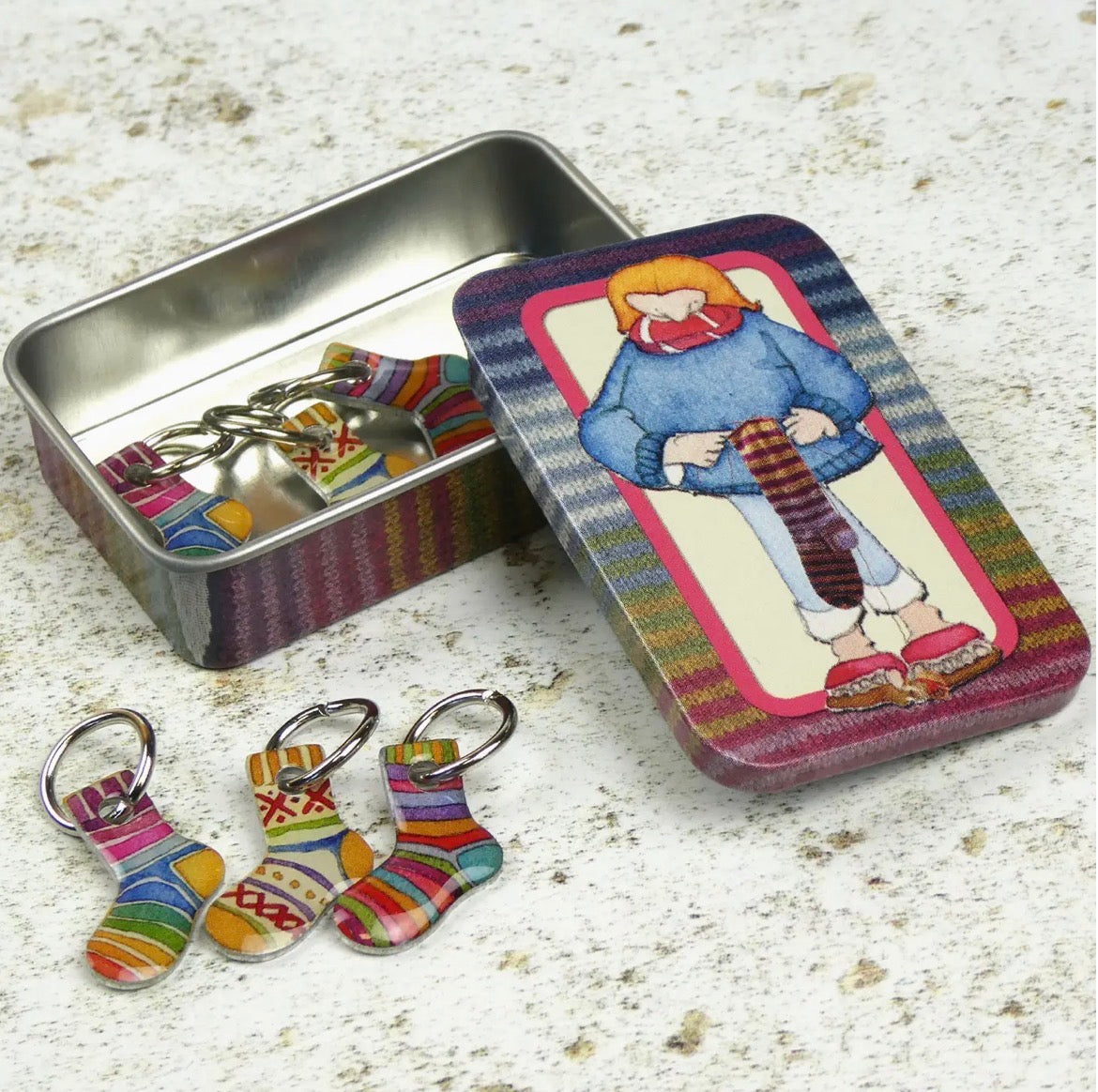 Emma Ball Stitch Markers in a Decorative Tin