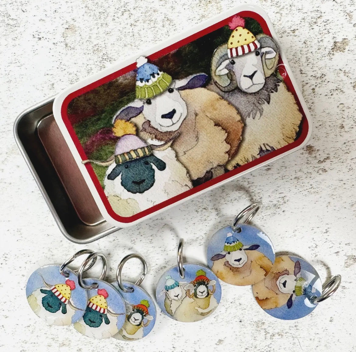 Emma Ball Stitch Markers in a Decorative Tin