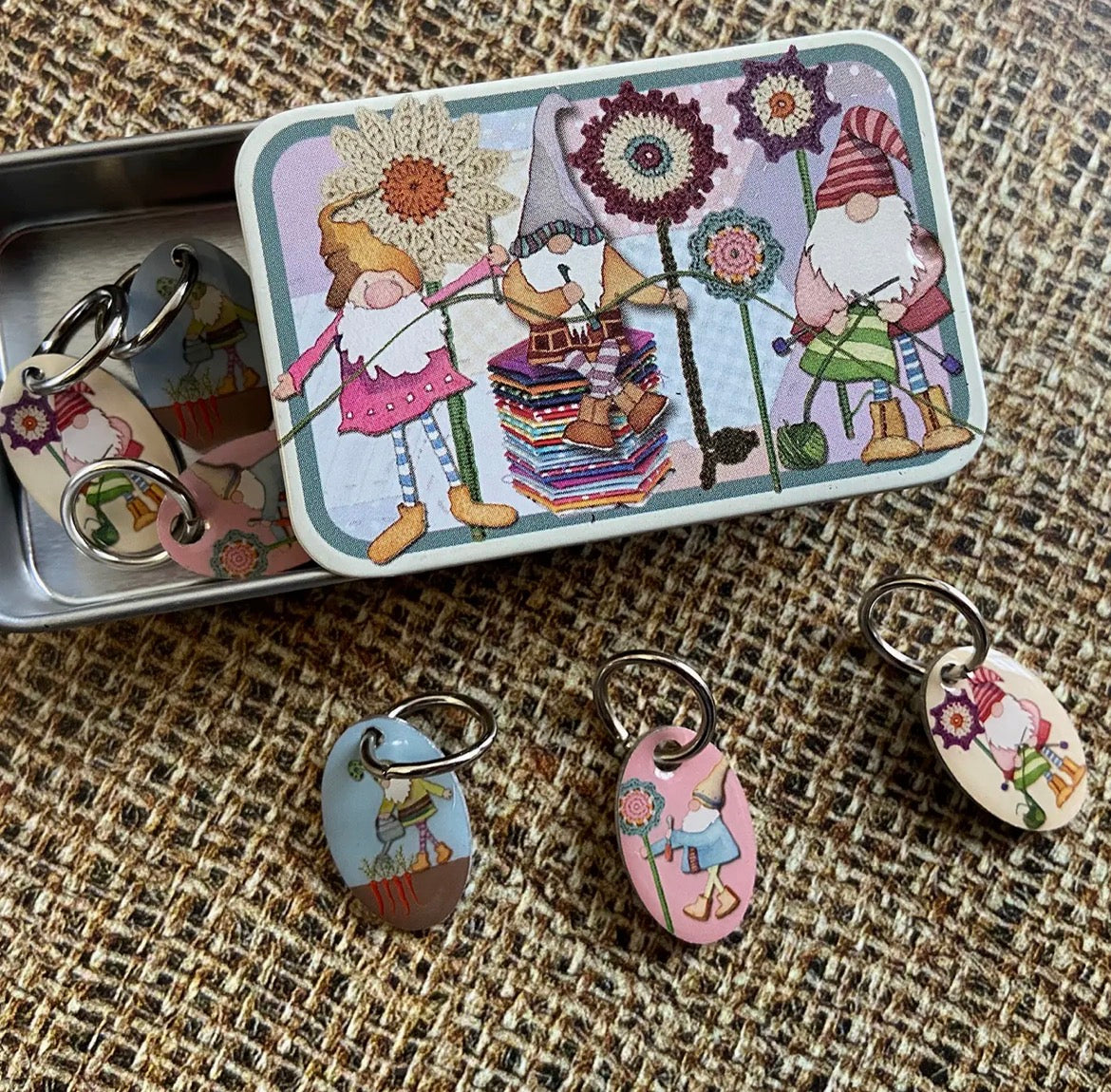 Emma Ball Stitch Markers in a Decorative Tin