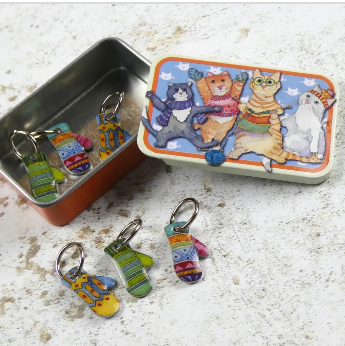 Emma Ball Stitch Markers in a Decorative Tin