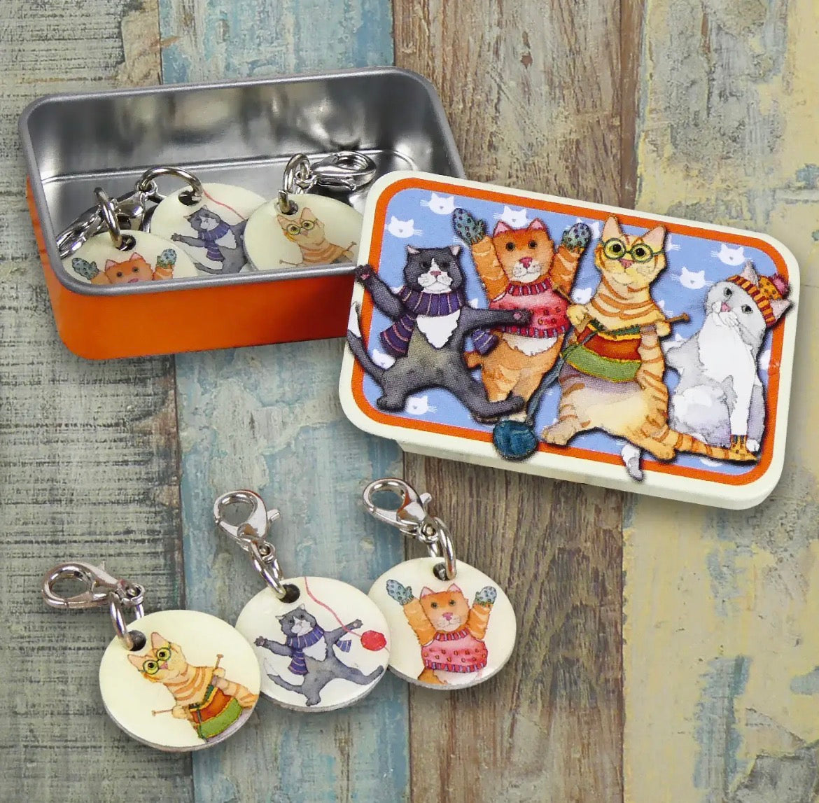 Emma Ball Stitch Markers in a Decorative Tin