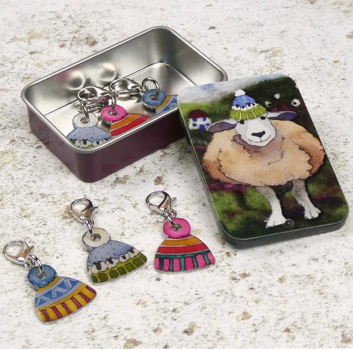 Emma Ball Stitch Markers in a Decorative Tin